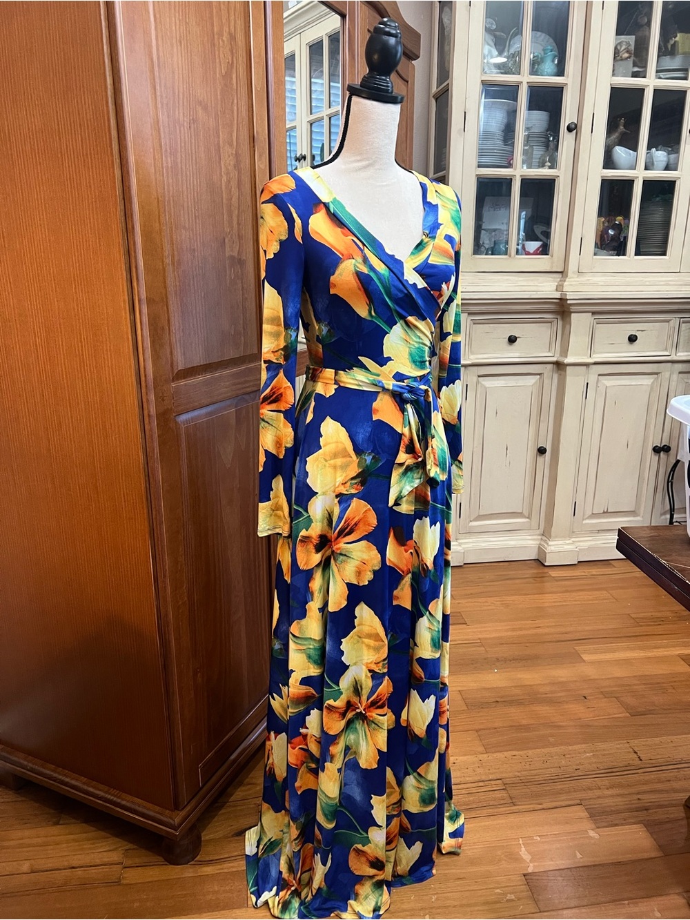 Blue & Yellow Floral Wrap Maxi Dress with Self-Tie Waist - Picture 3 of 5